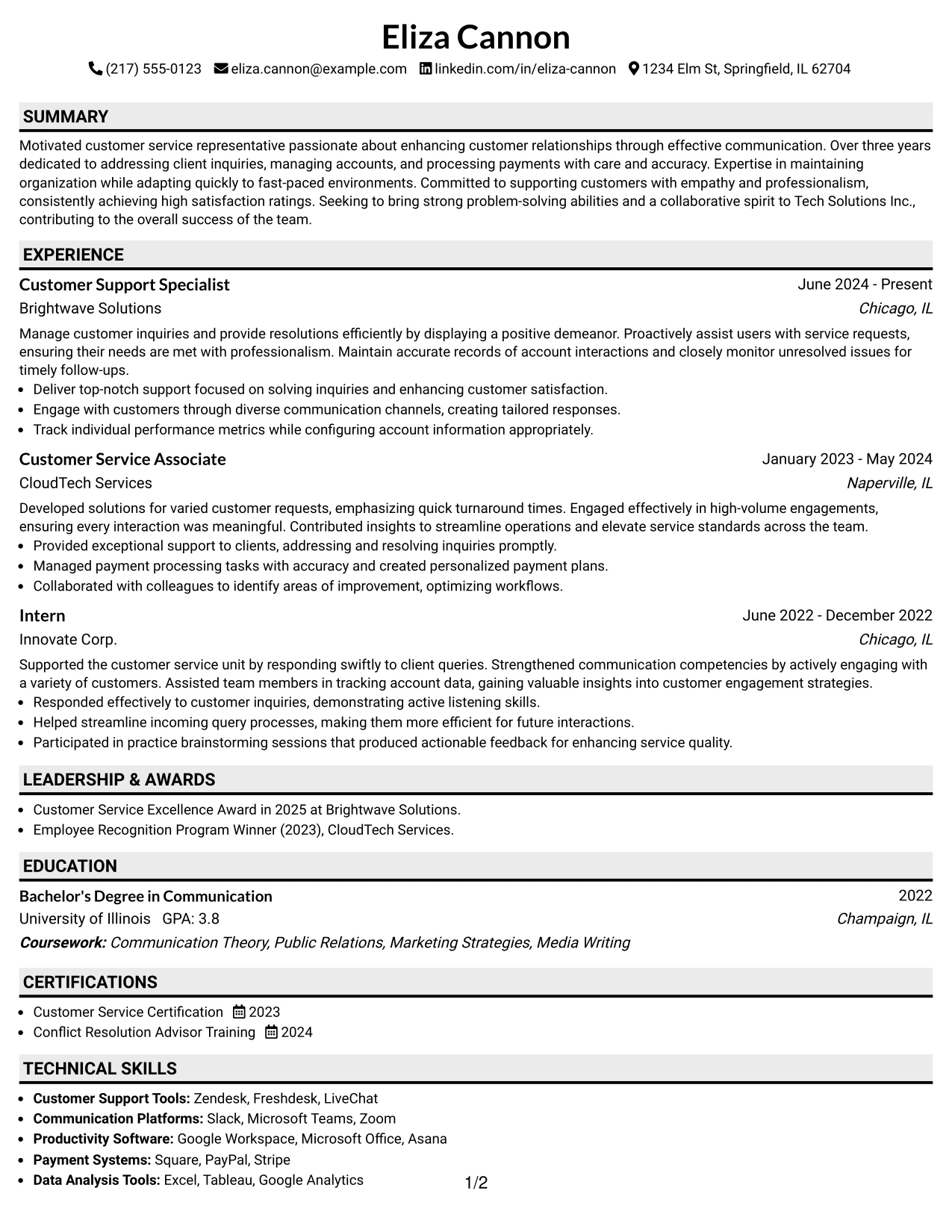 Resume Example Page 1