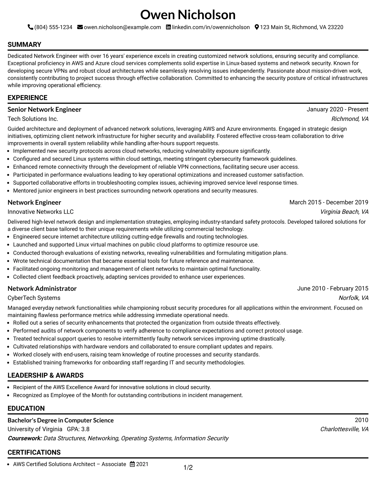 Resume Example Page 1