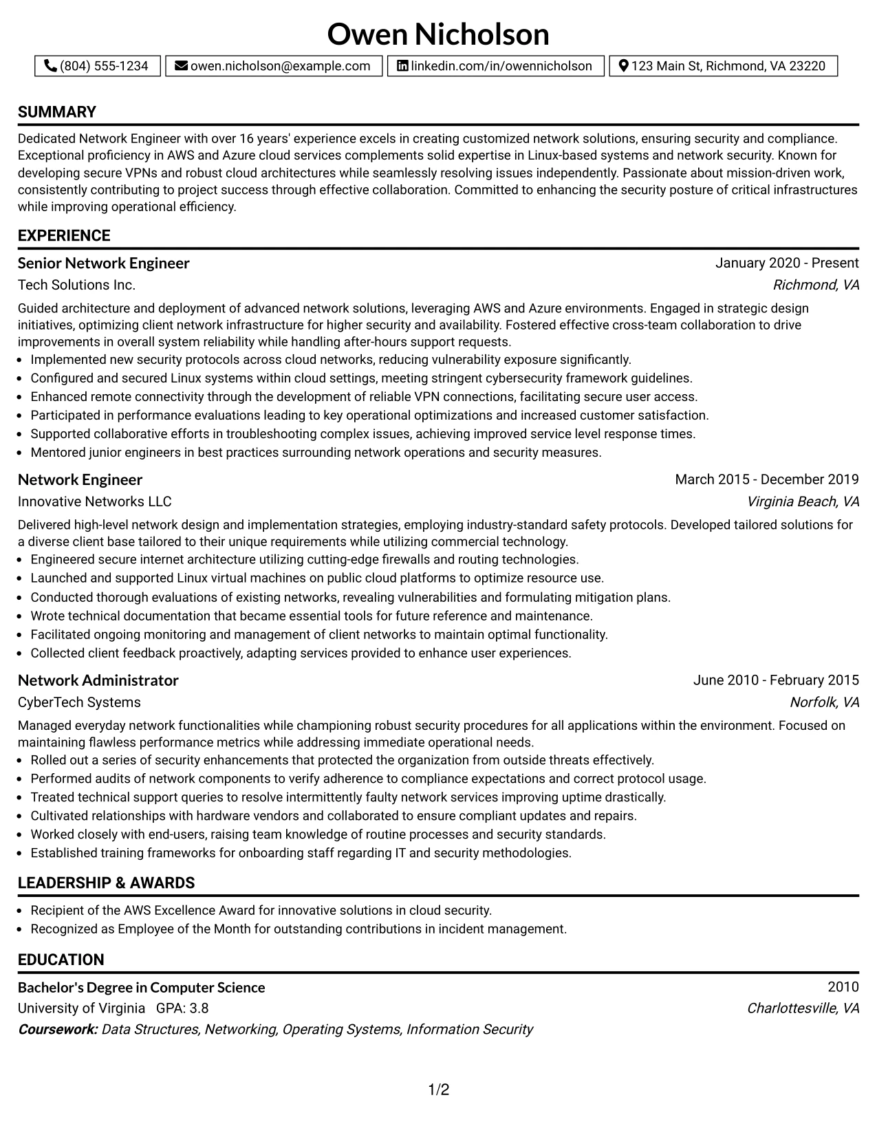 Resume Example Page 1