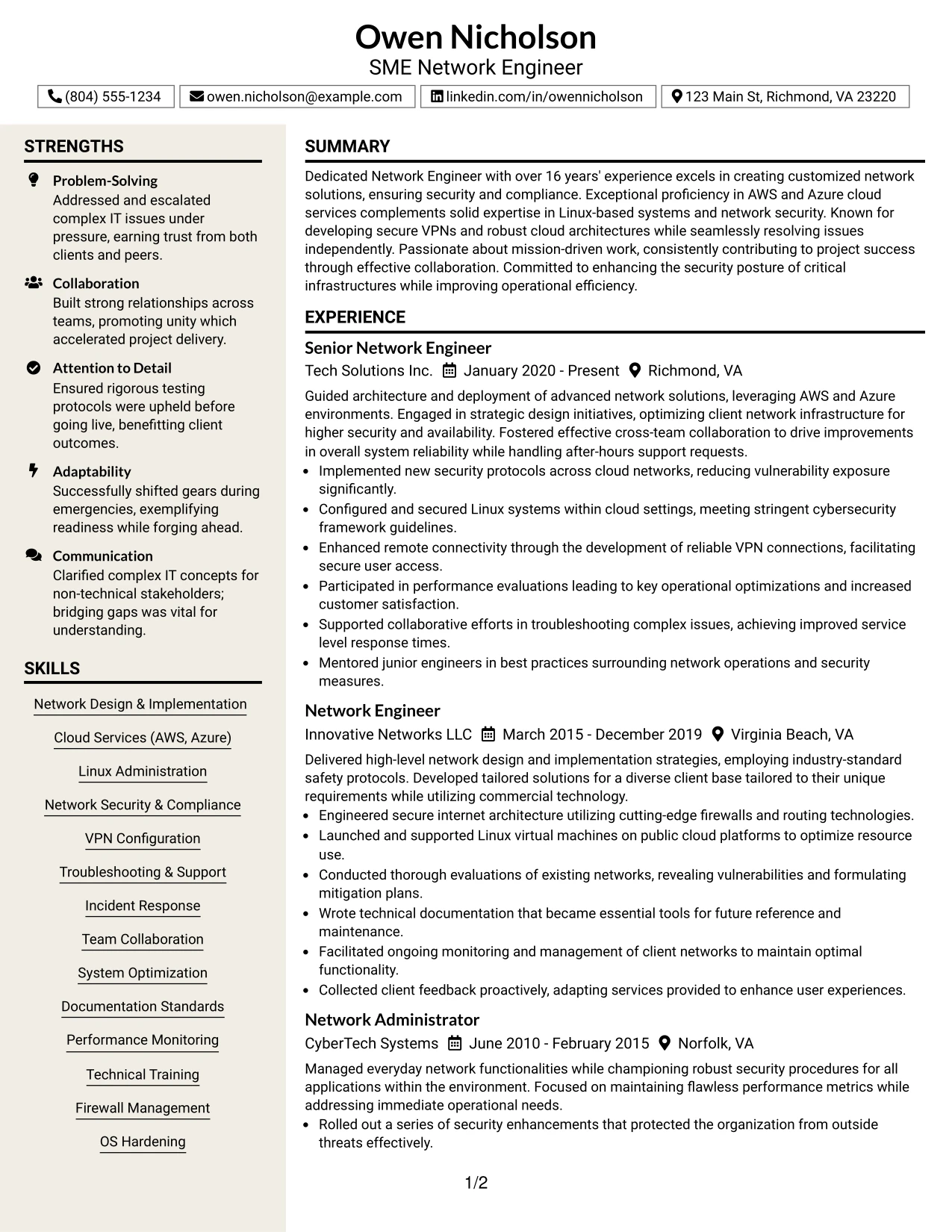 Resume Example Page 1