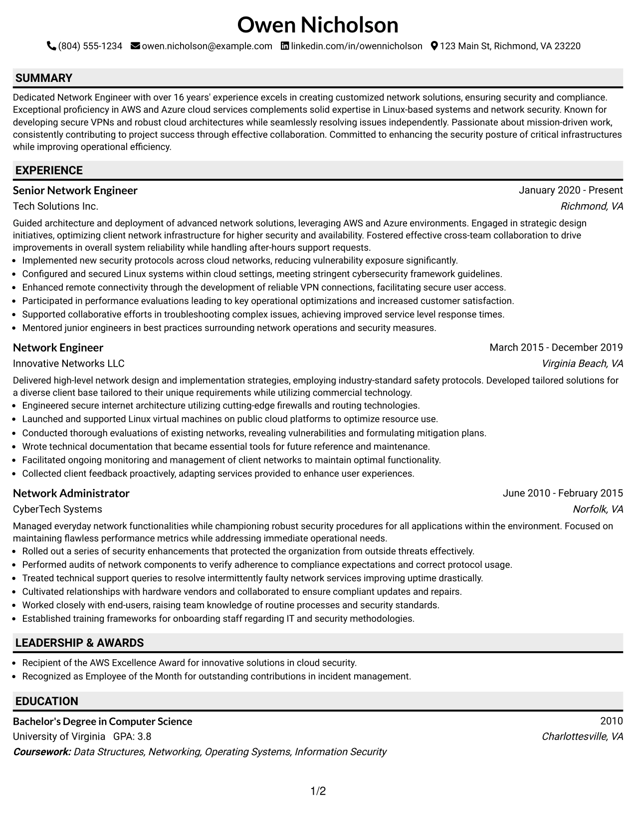 Resume Example Page 1