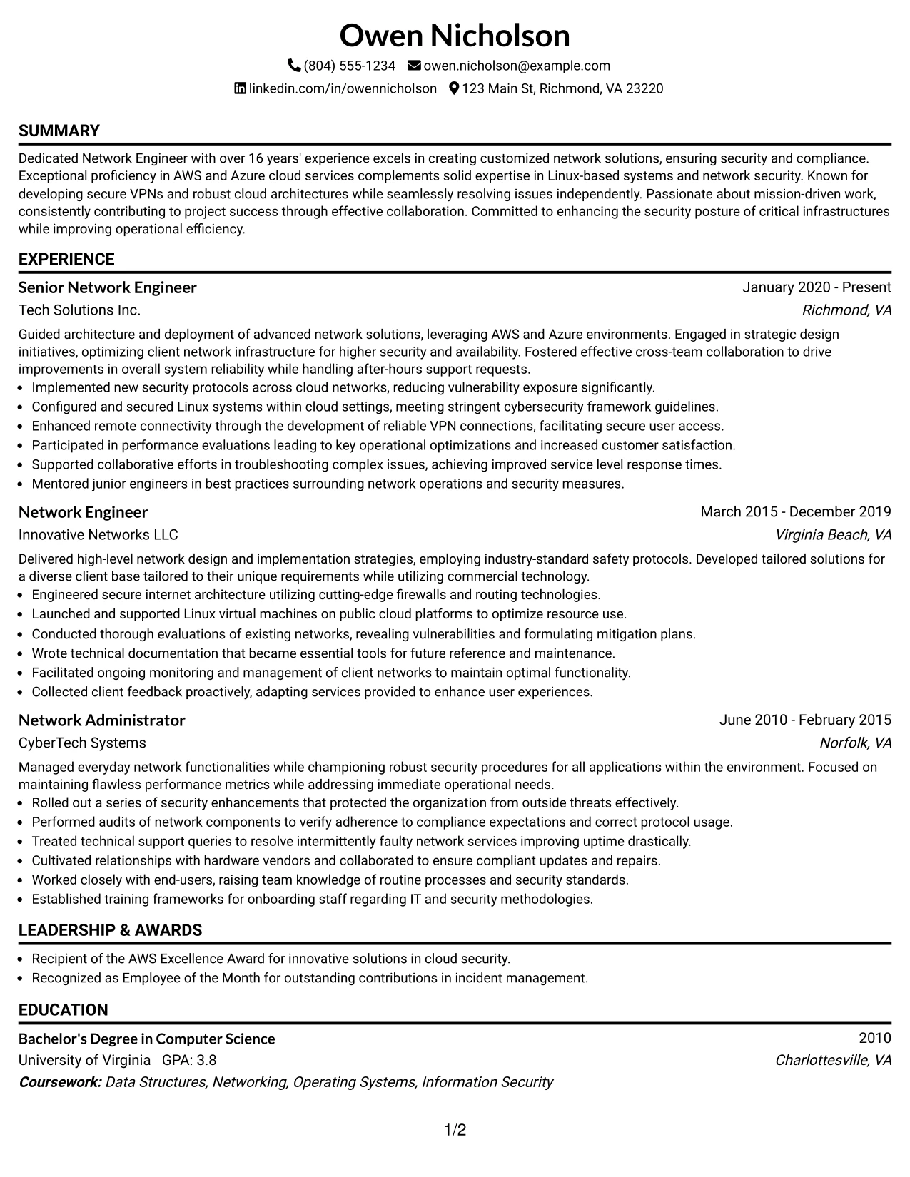 Resume Example Page 1