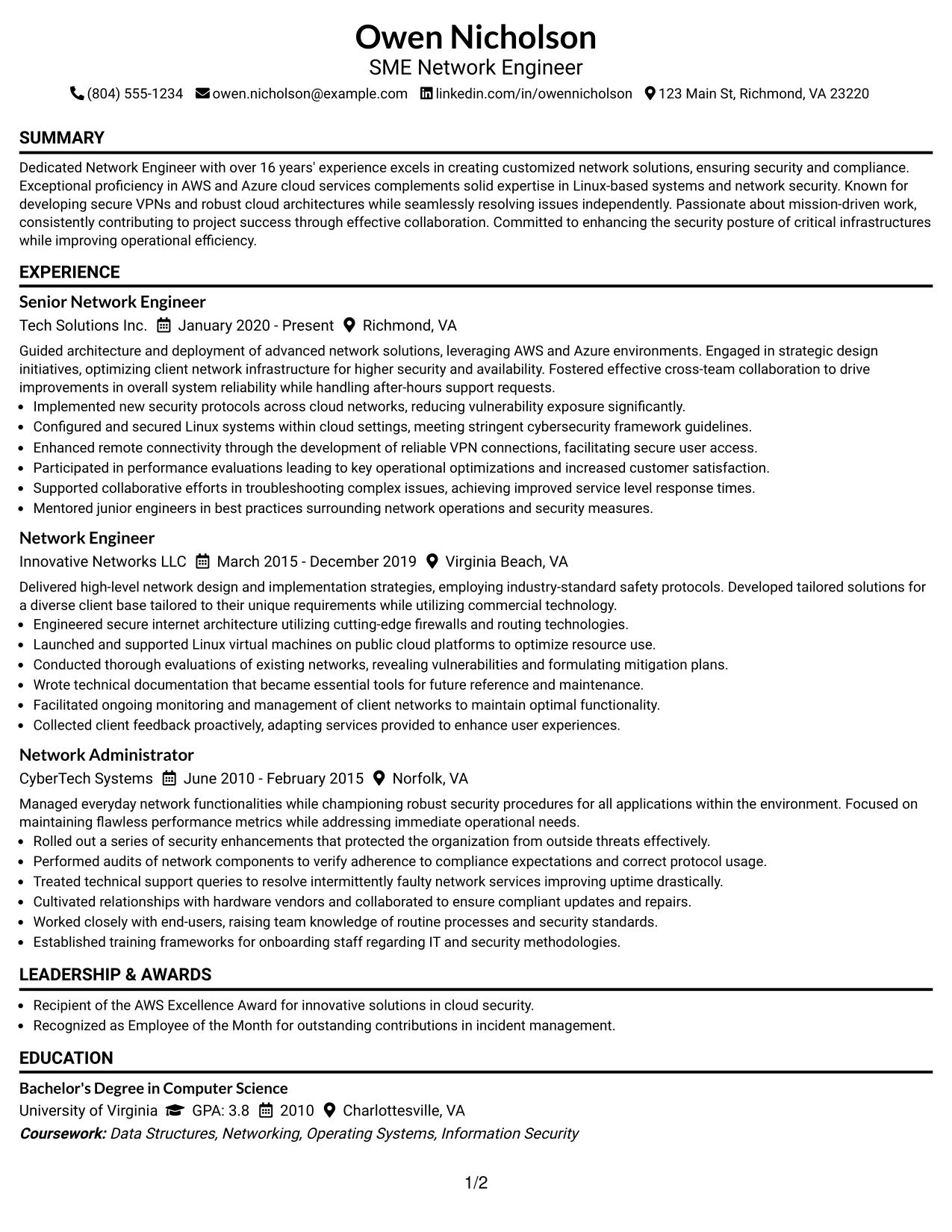 Resume Example Page 1