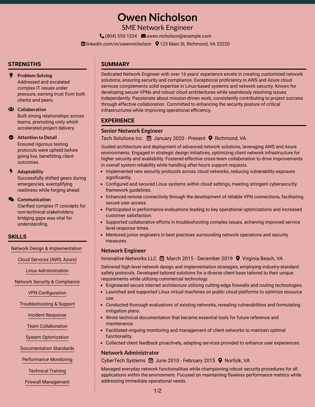 Resume Example Page 1