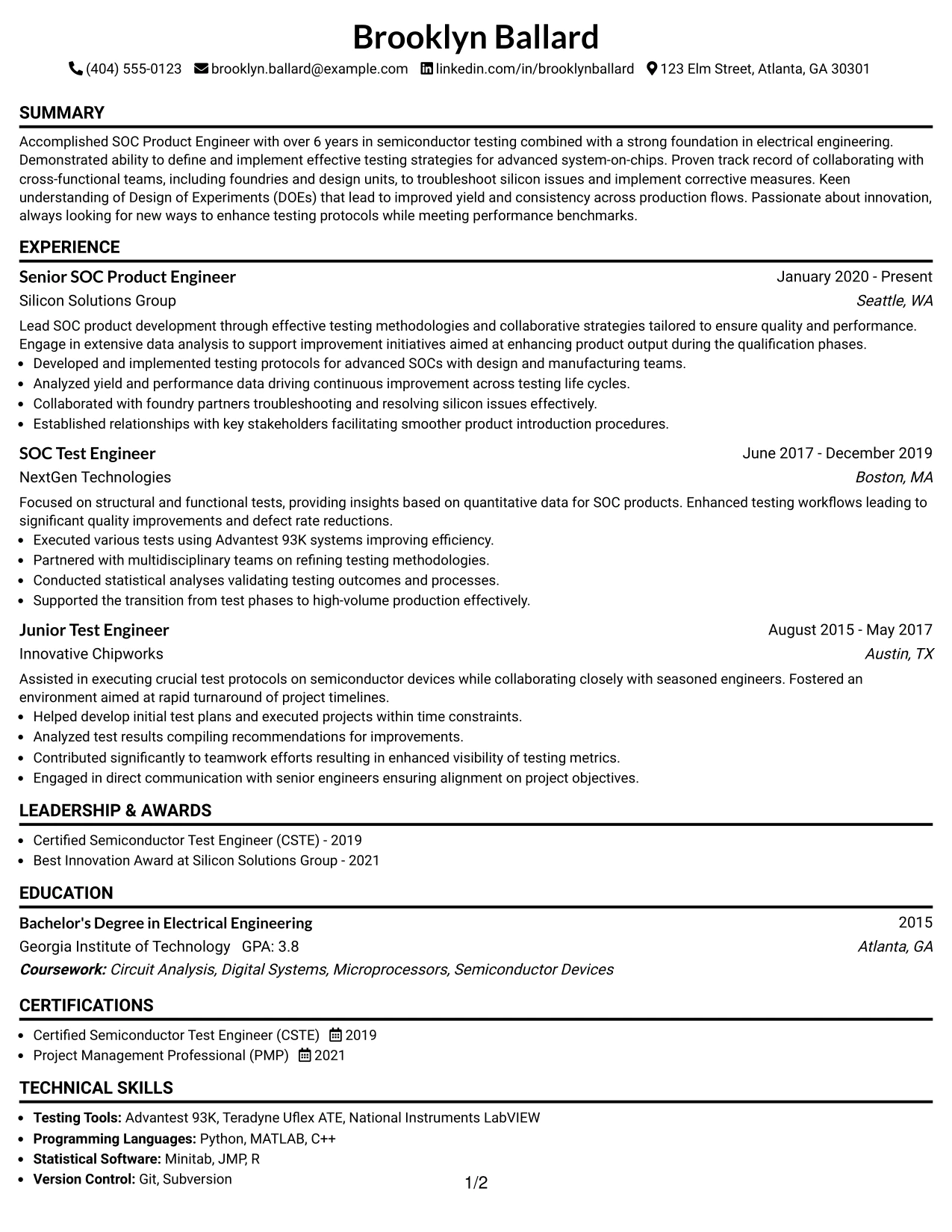 Resume Example Page 1