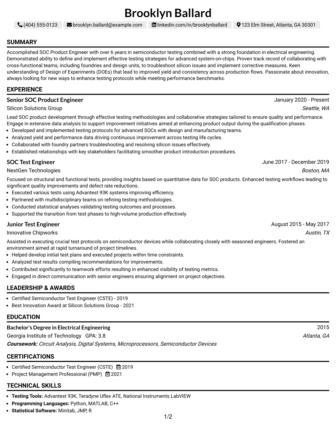 Resume Example Page 1