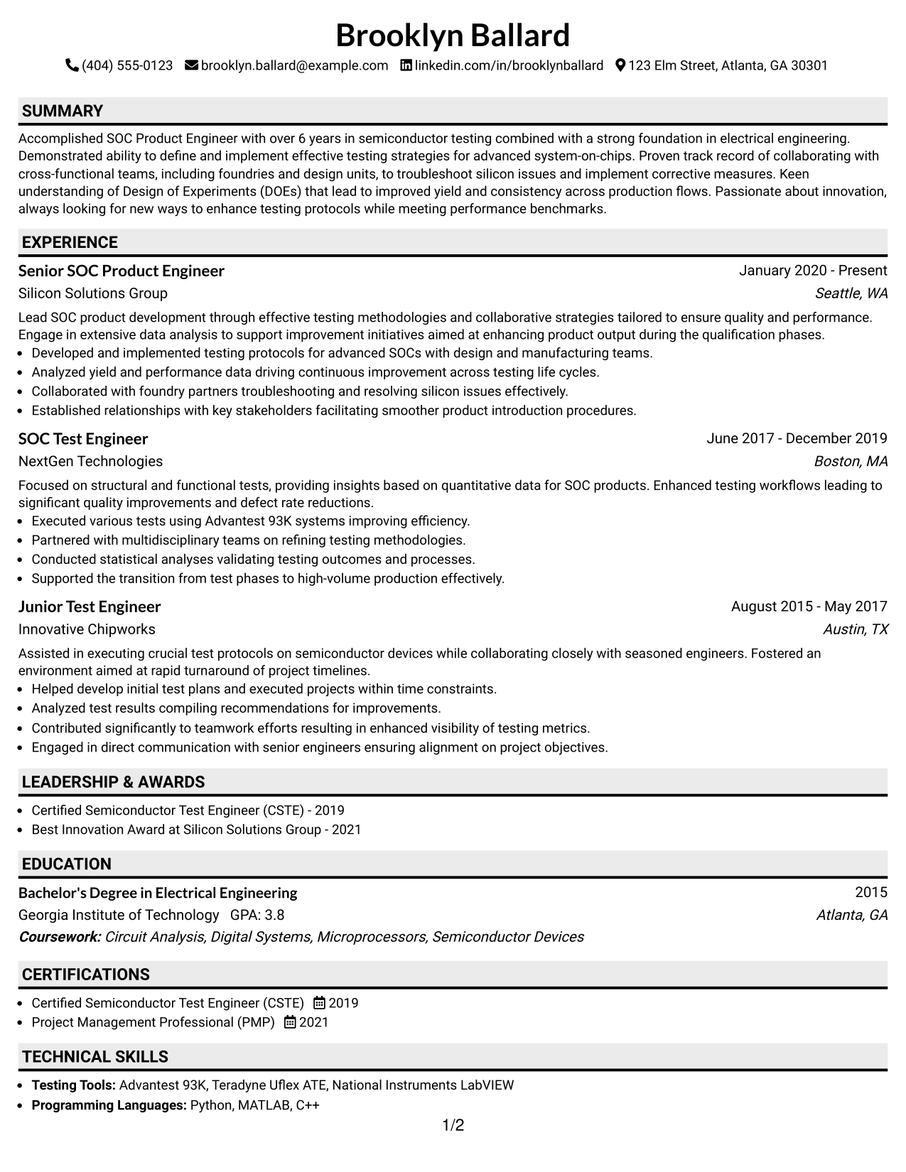 Resume Example Page 1
