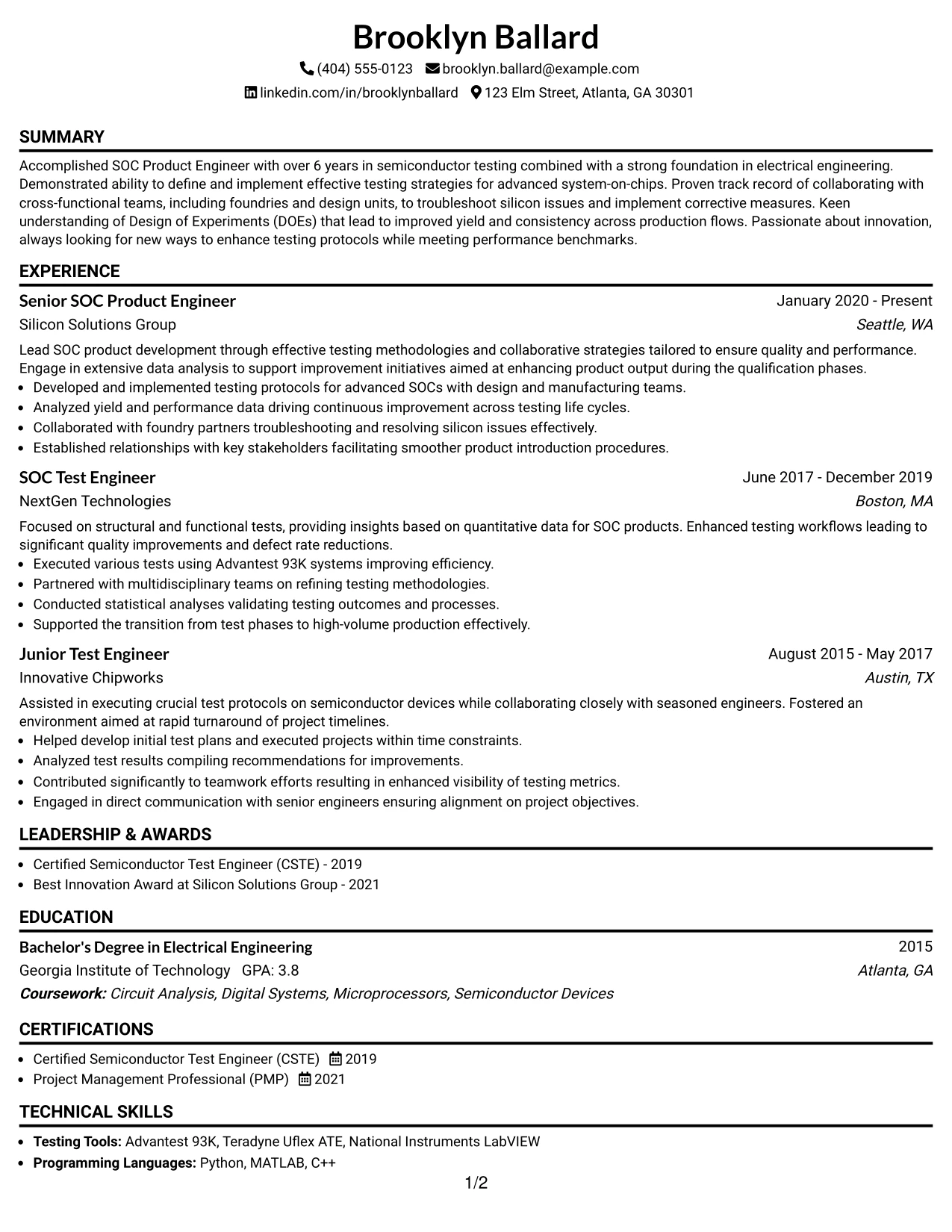 Resume Example Page 1