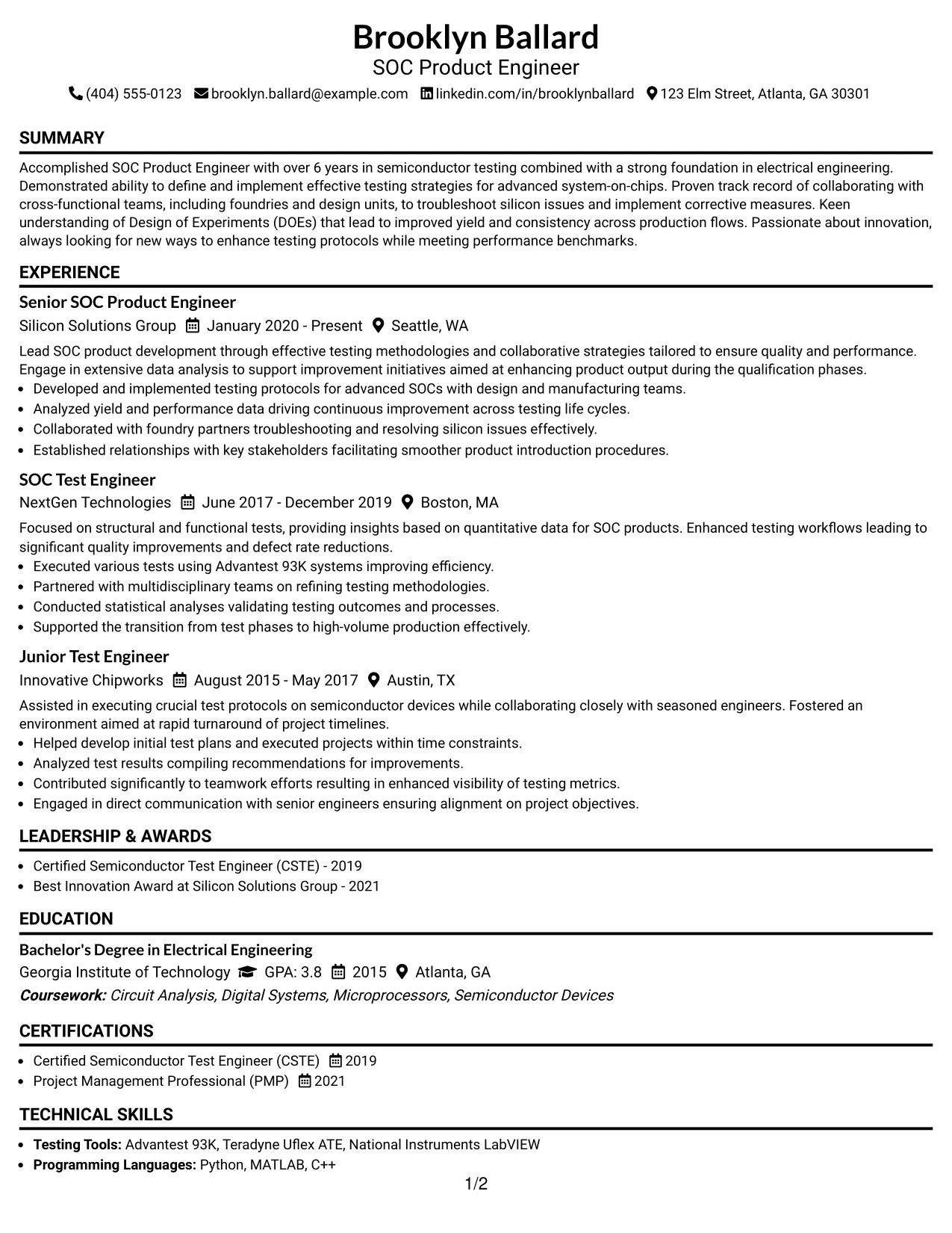 Resume Example Page 1