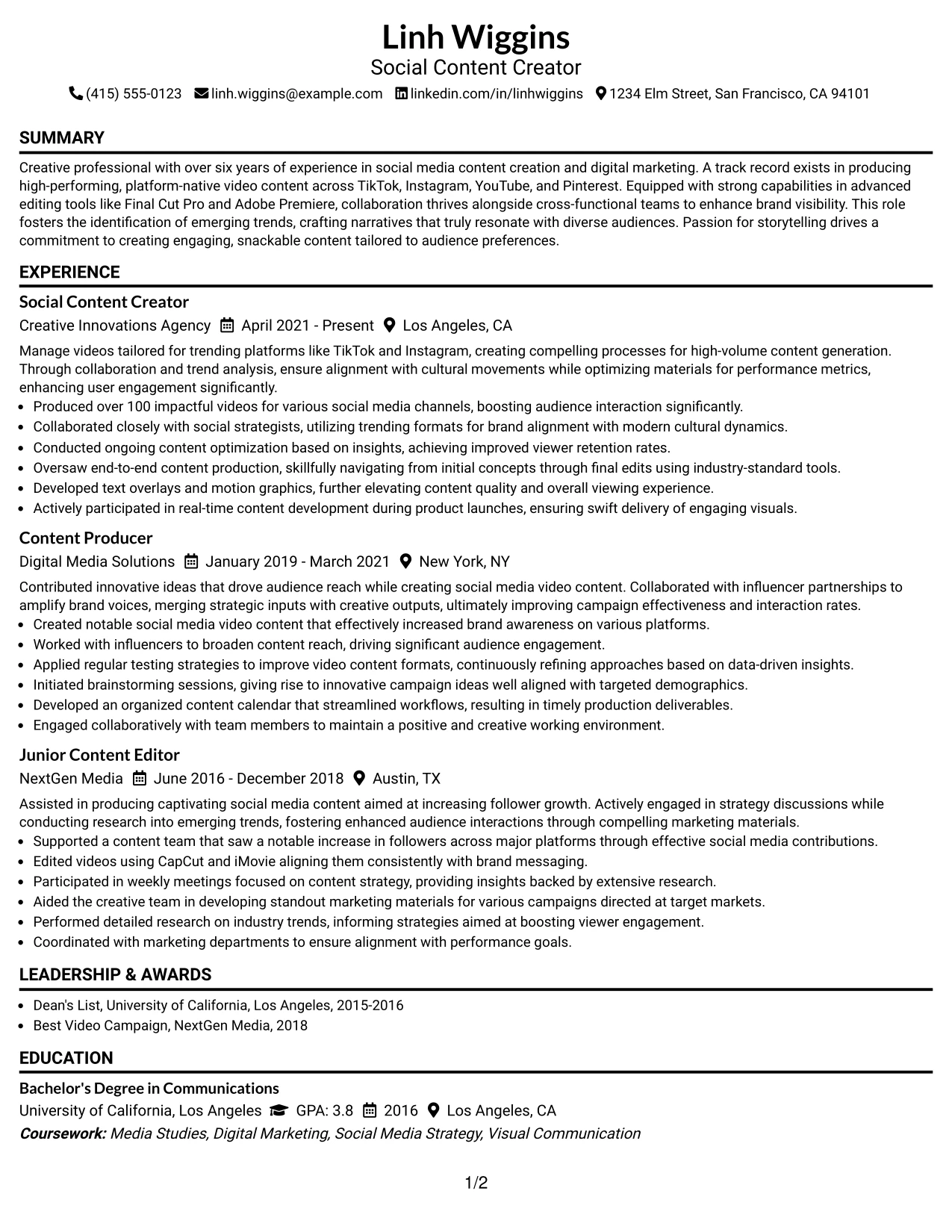 Resume Example Page 1