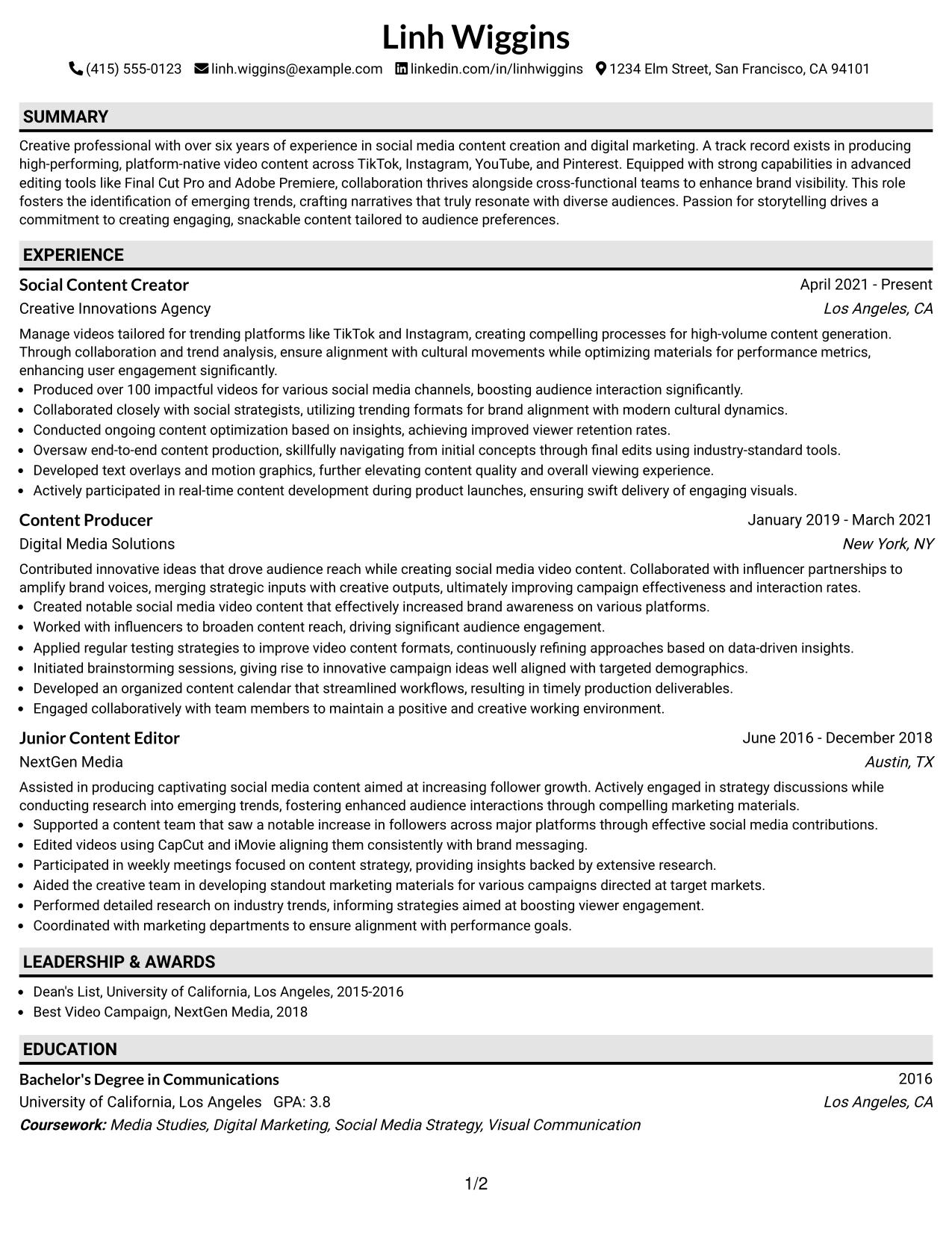 Resume Example Page 1