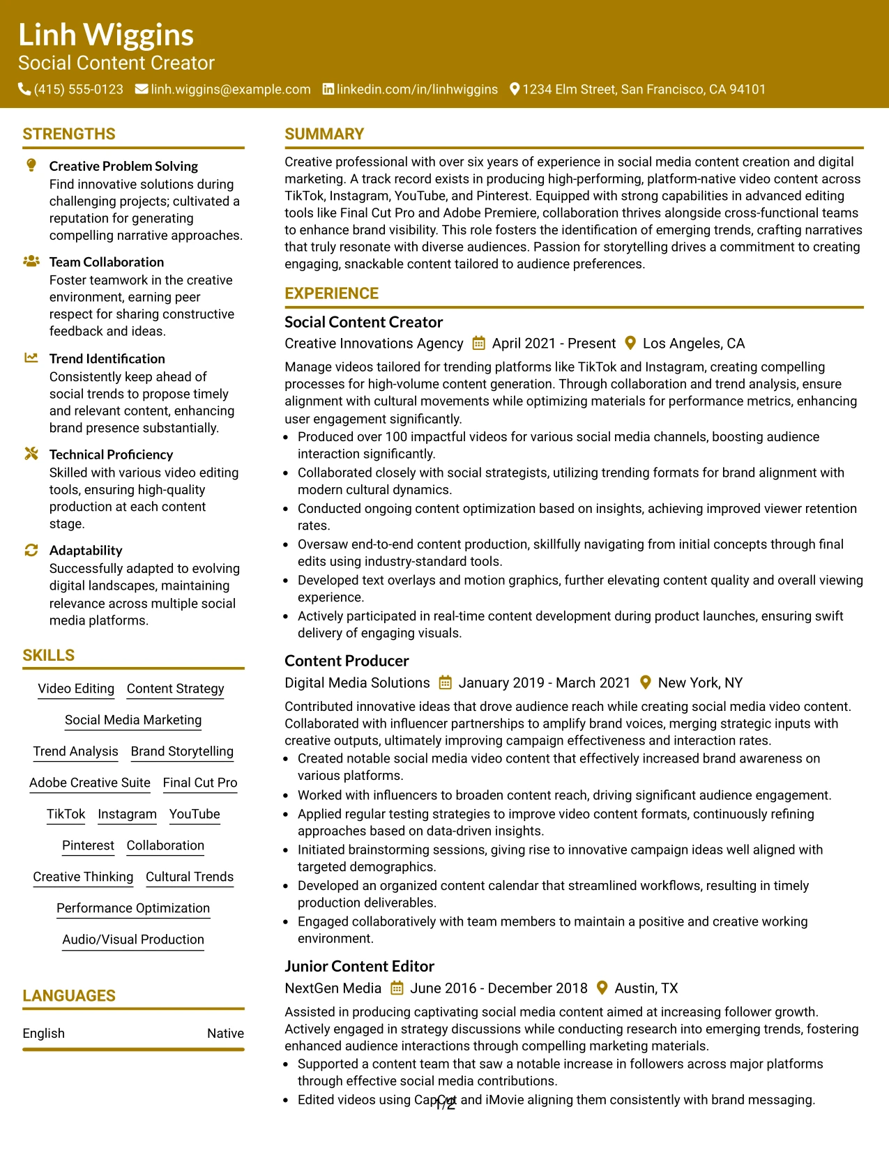 Resume Example Page 1