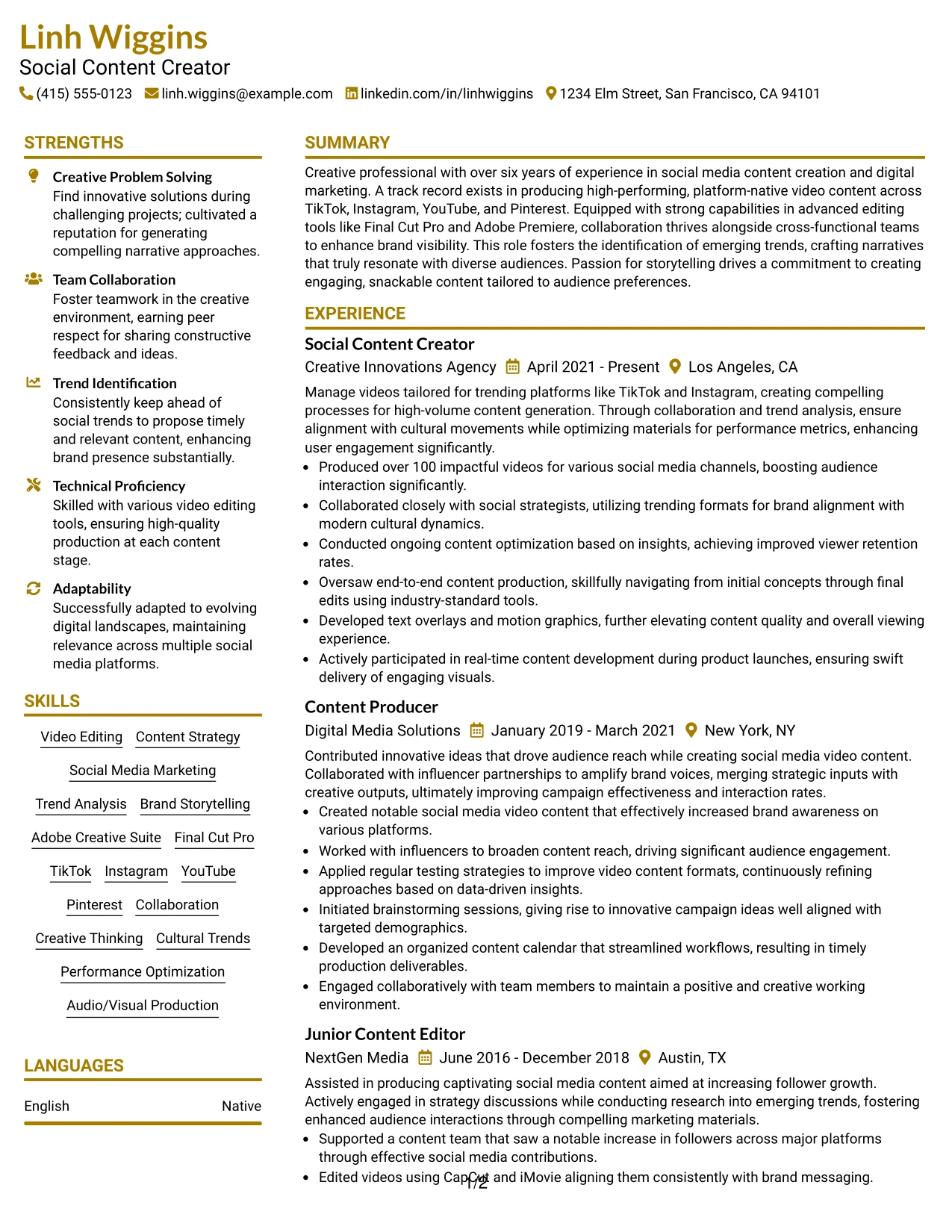 Resume Example Page 1