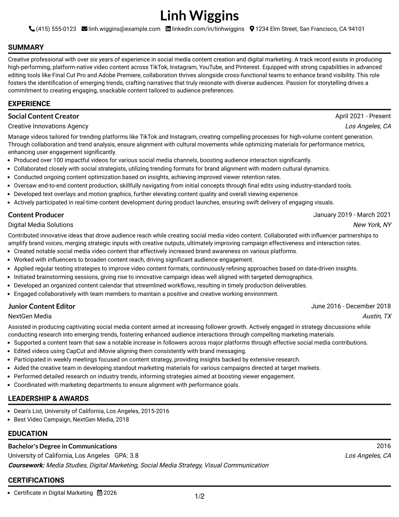 Resume Example Page 1