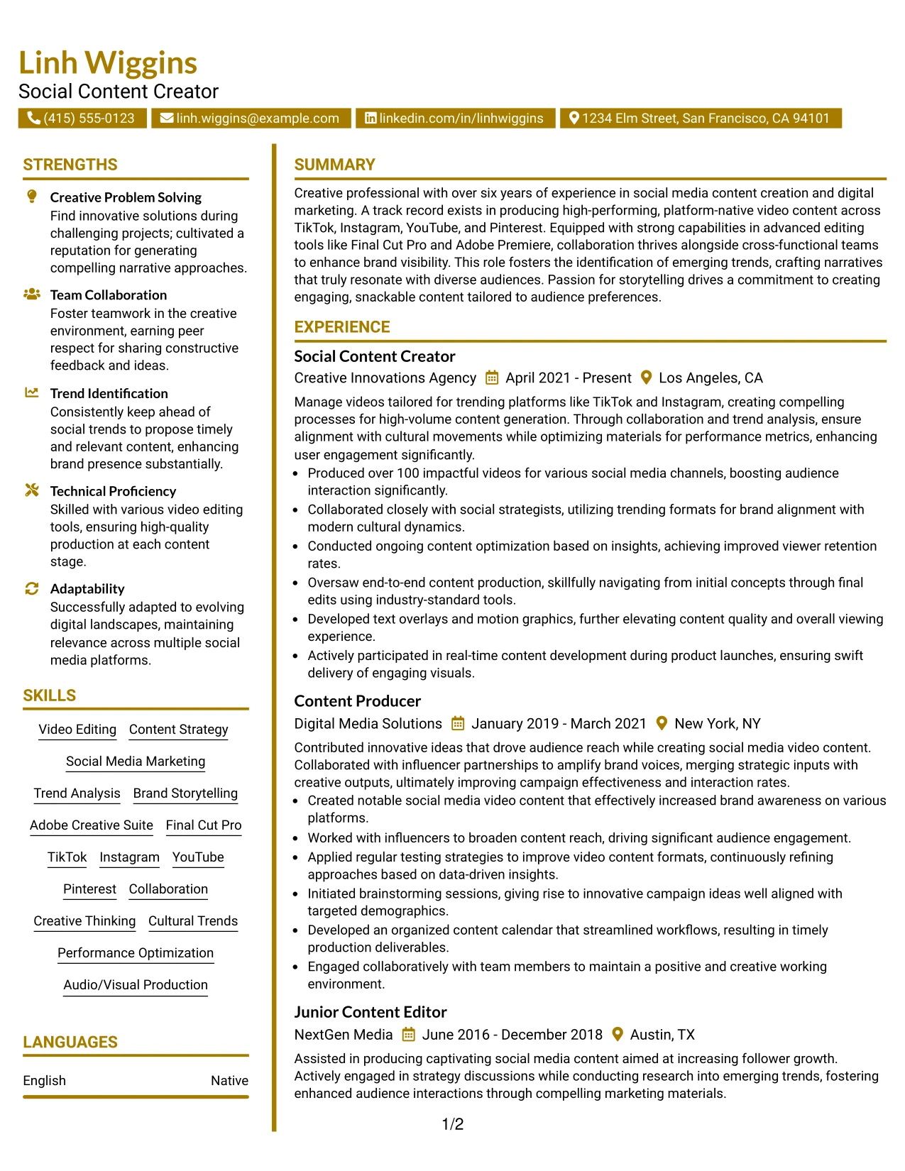 Resume Example Page 1