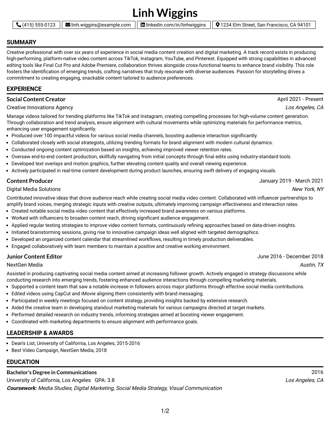 Resume Example Page 1