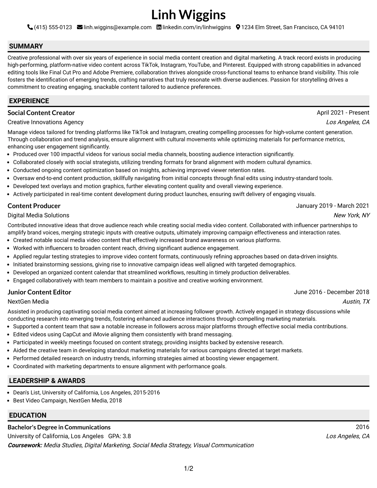 Resume Example Page 1