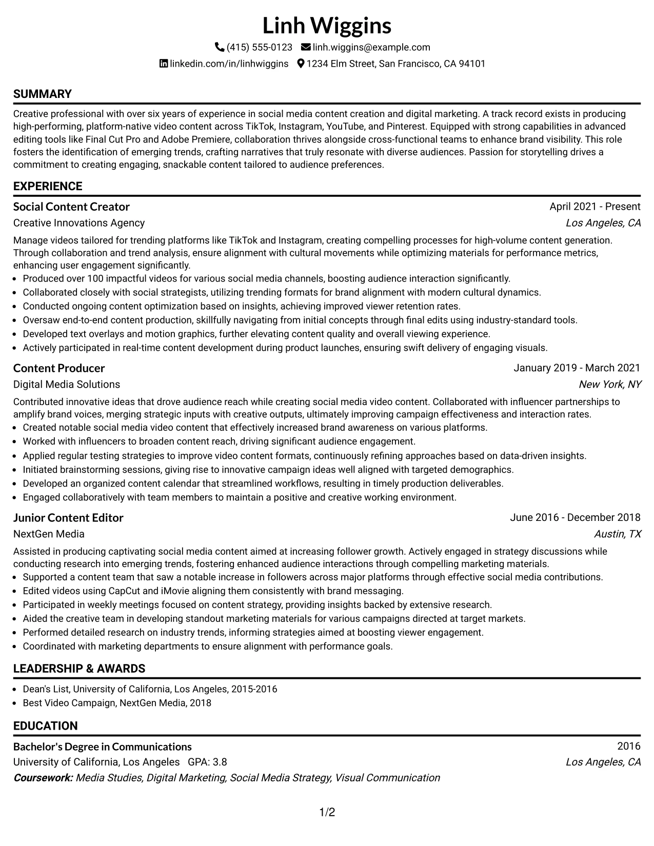 Resume Example Page 1