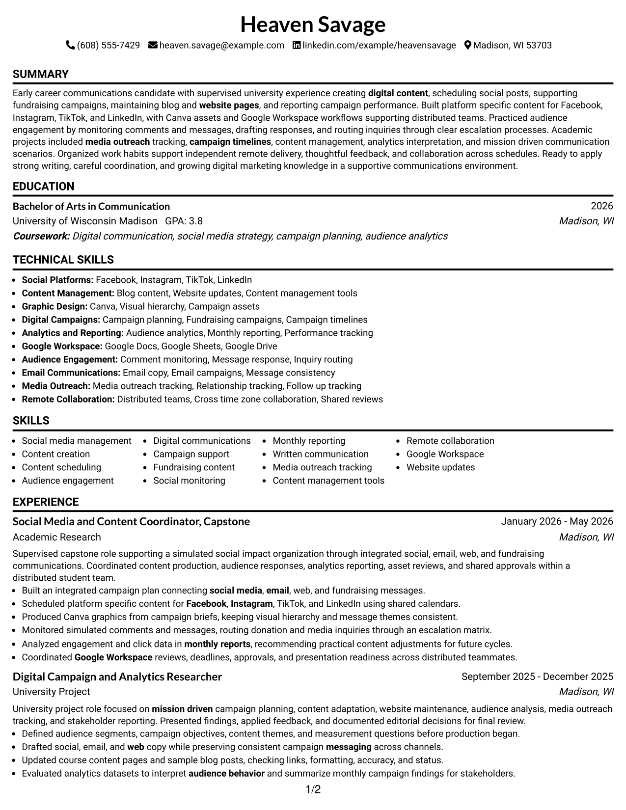 Resume Example Page 1