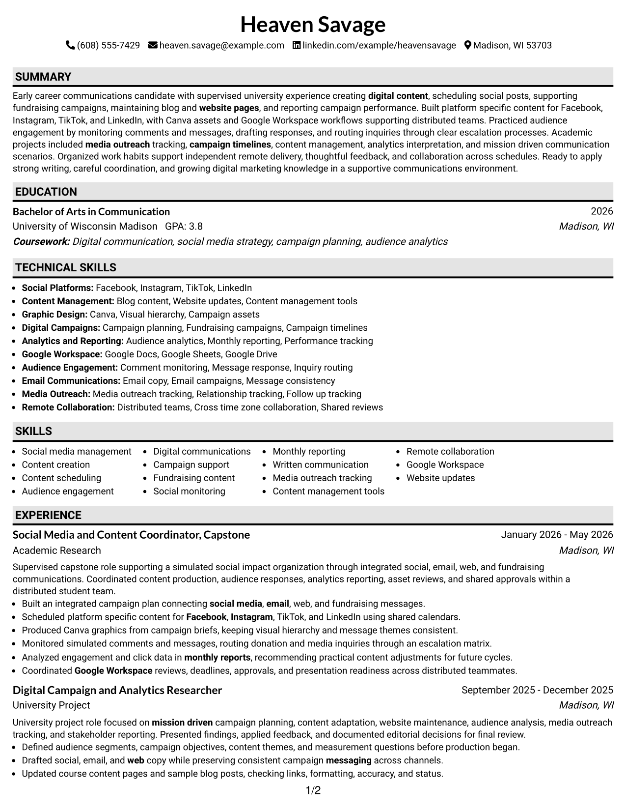 Resume Example Page 1