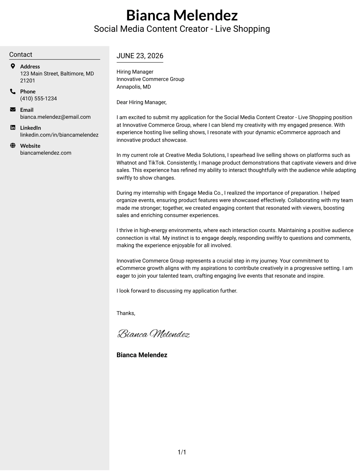 Resume Example Page 1