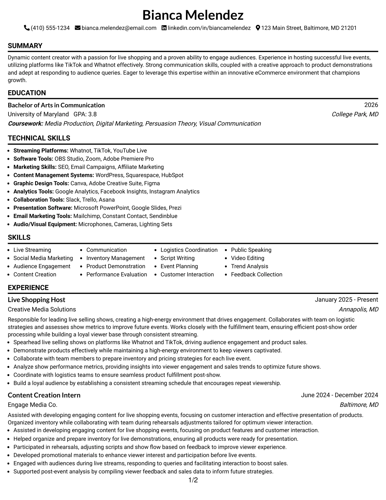 Resume Example Page 1