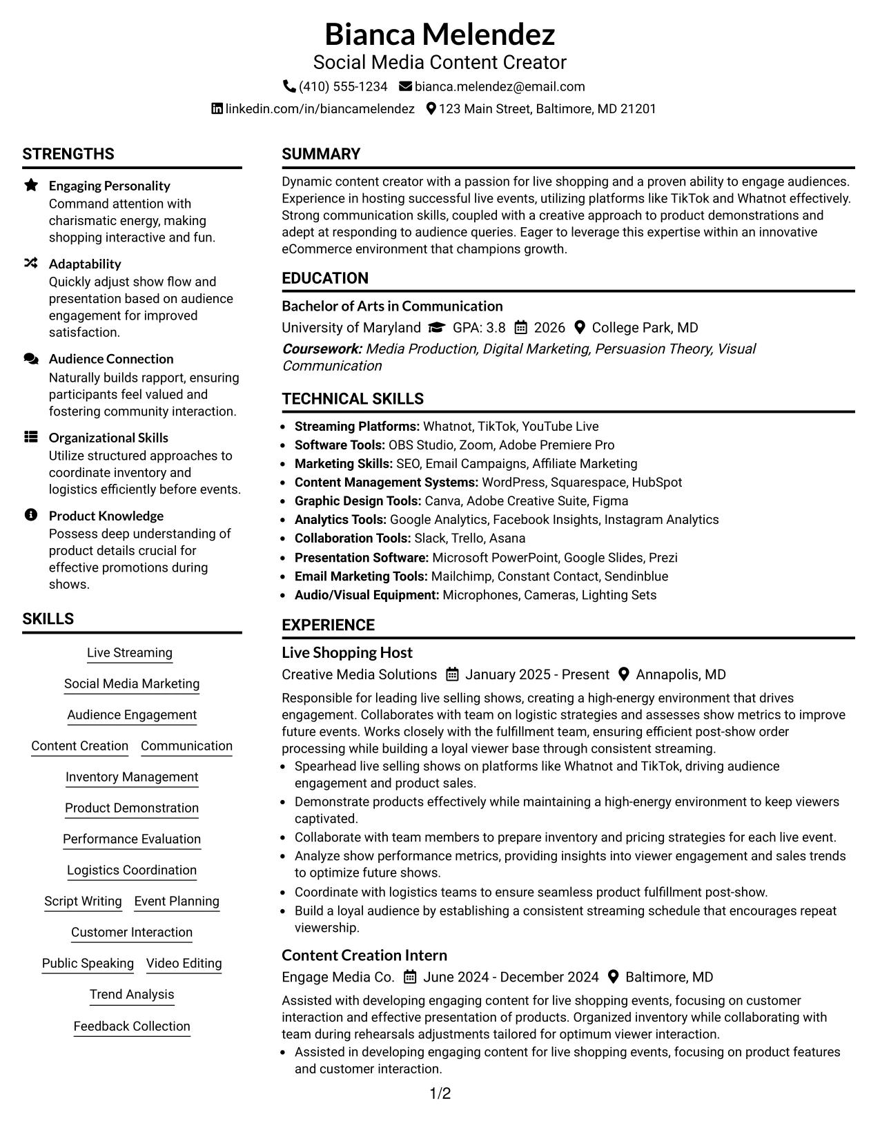 Resume Example Page 1