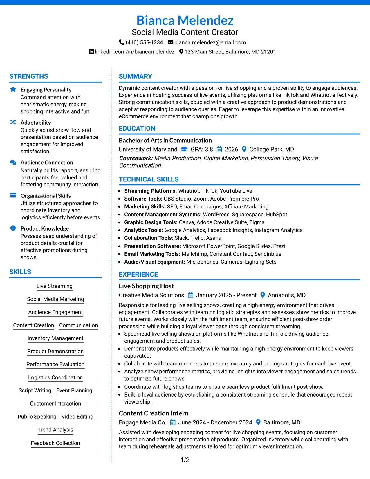 Resume Example Page 1