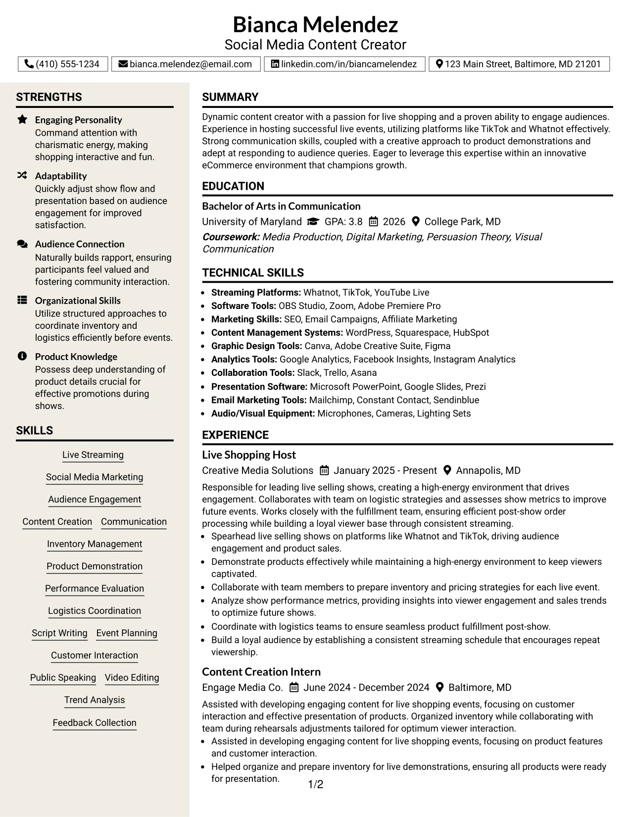 Resume Example Page 1