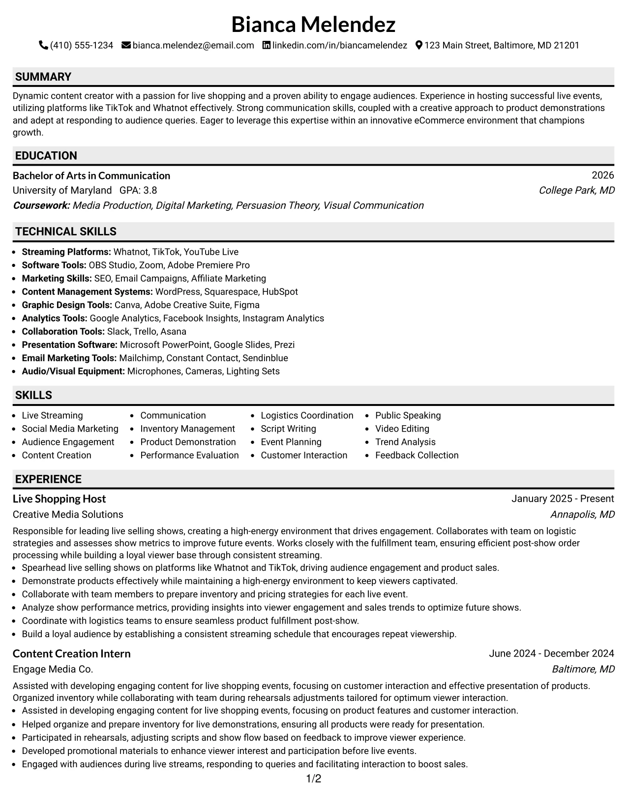 Resume Example Page 1