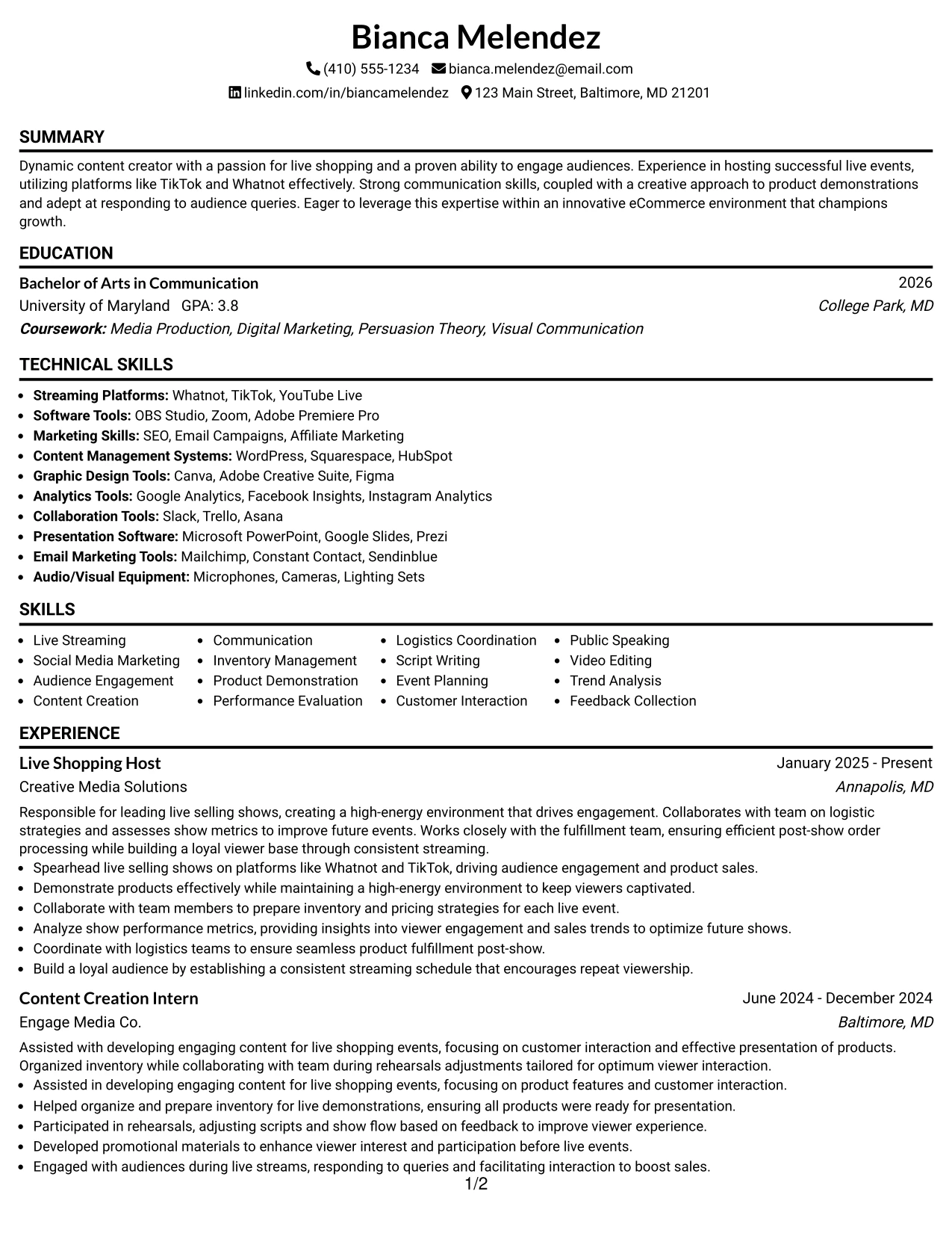 Resume Example Page 1