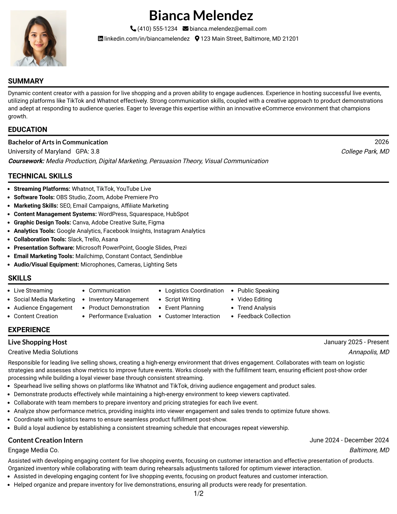 Resume Example Page 1