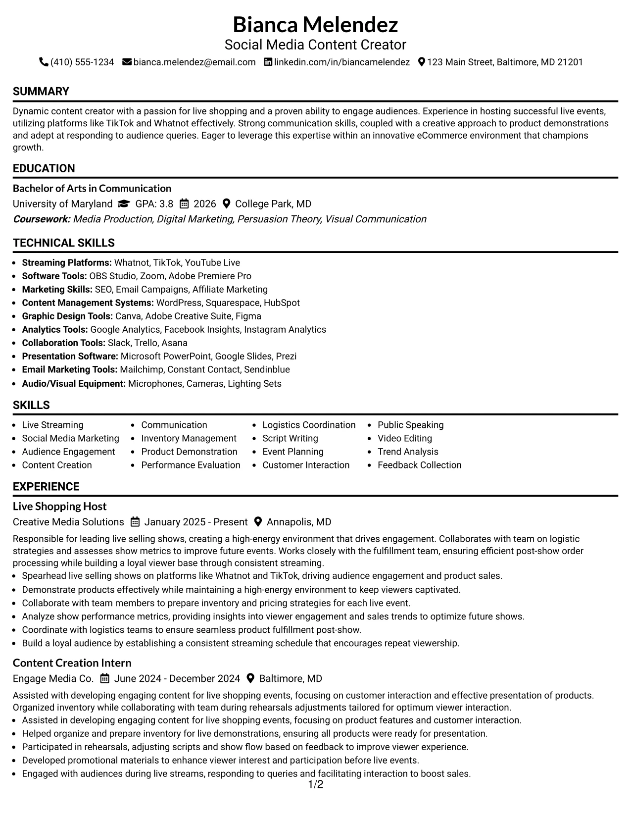 Resume Example Page 1