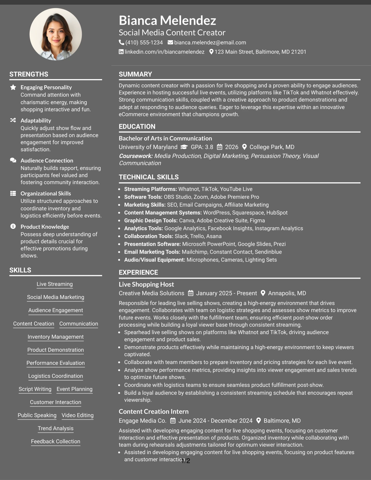 Resume Example Page 1