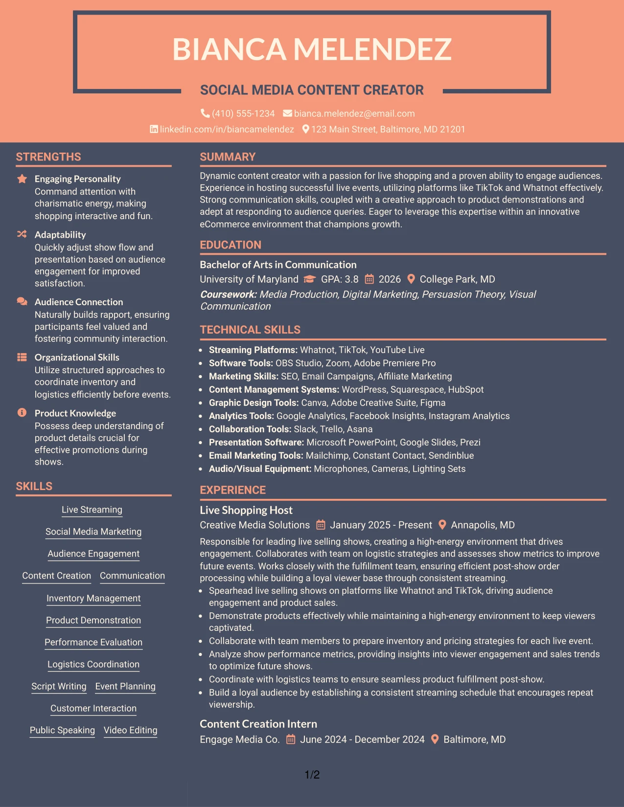 Resume Example Page 1