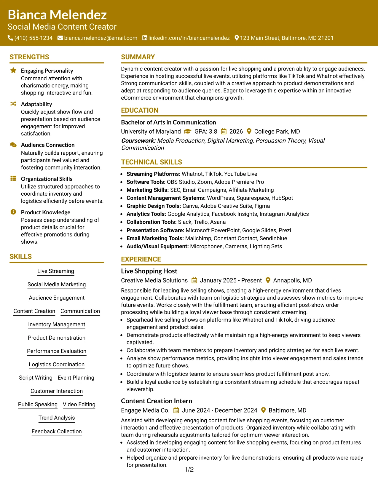 Resume Example Page 1