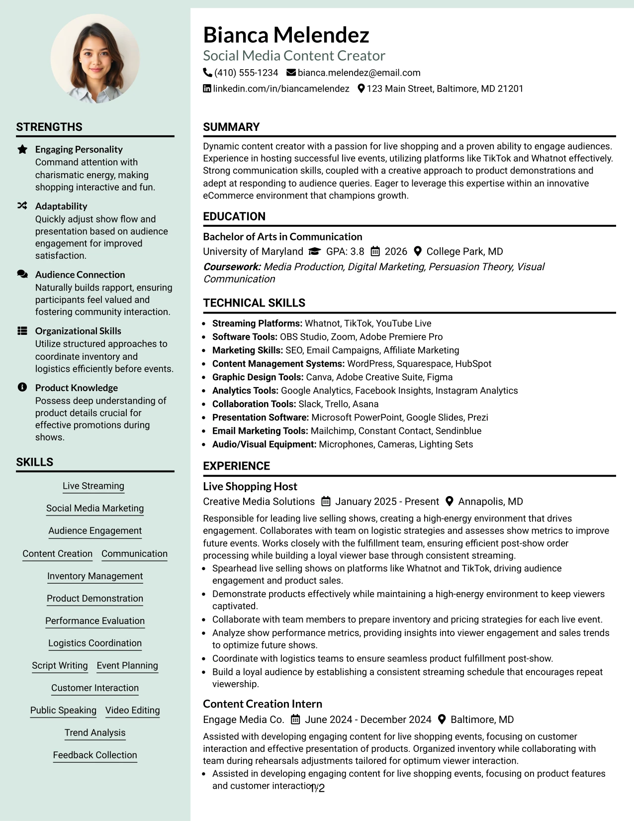 Resume Example Page 1