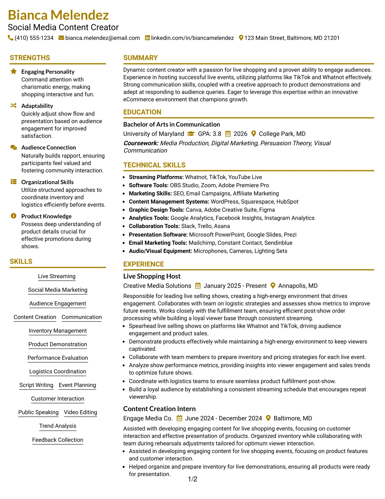 Resume Example Page 1