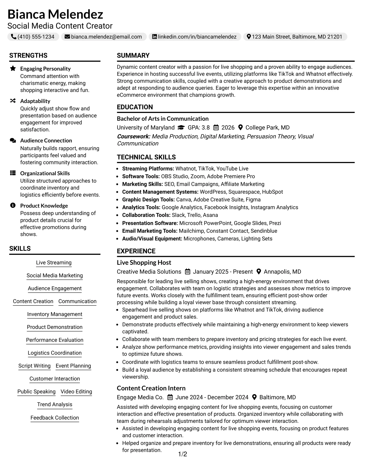 Resume Example Page 1