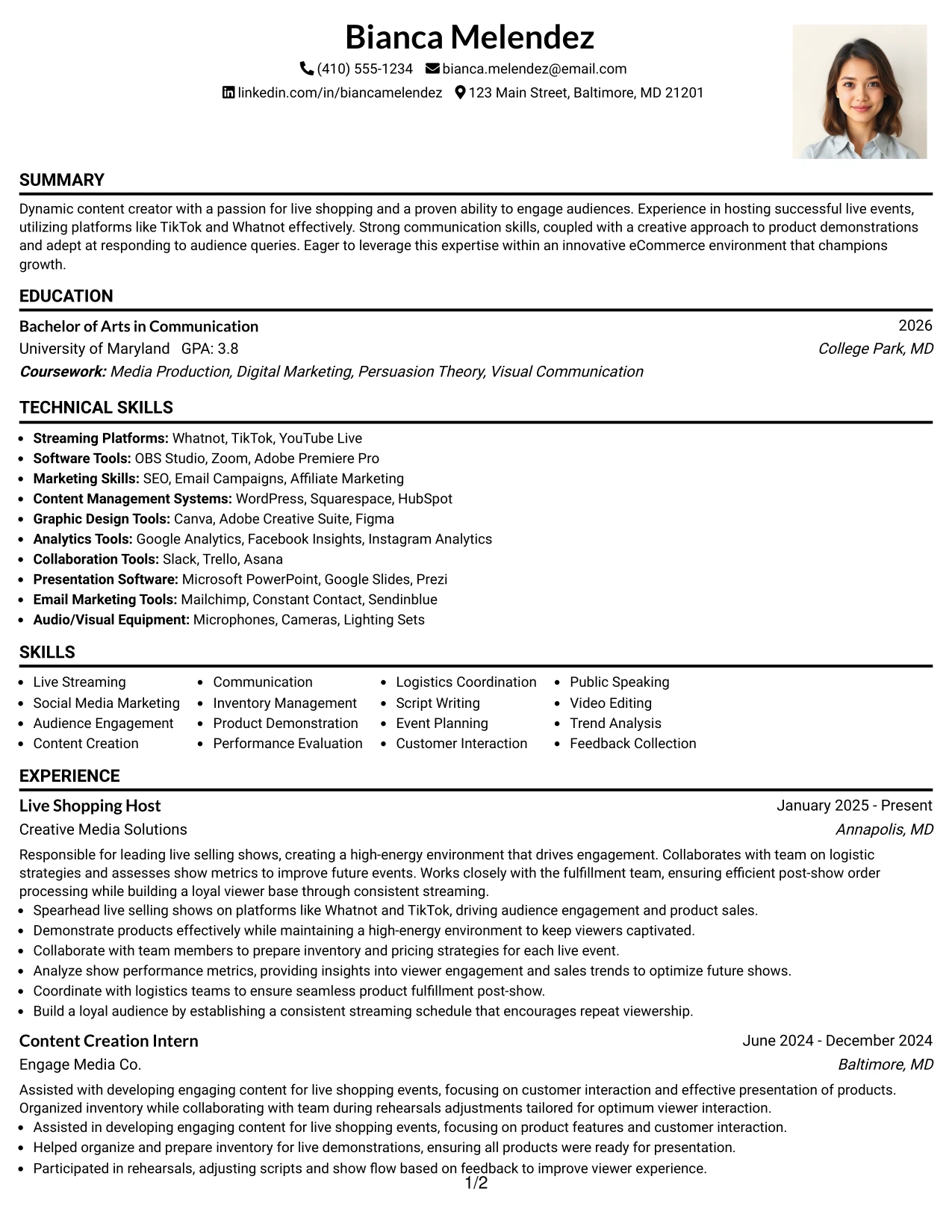 Resume Example Page 1