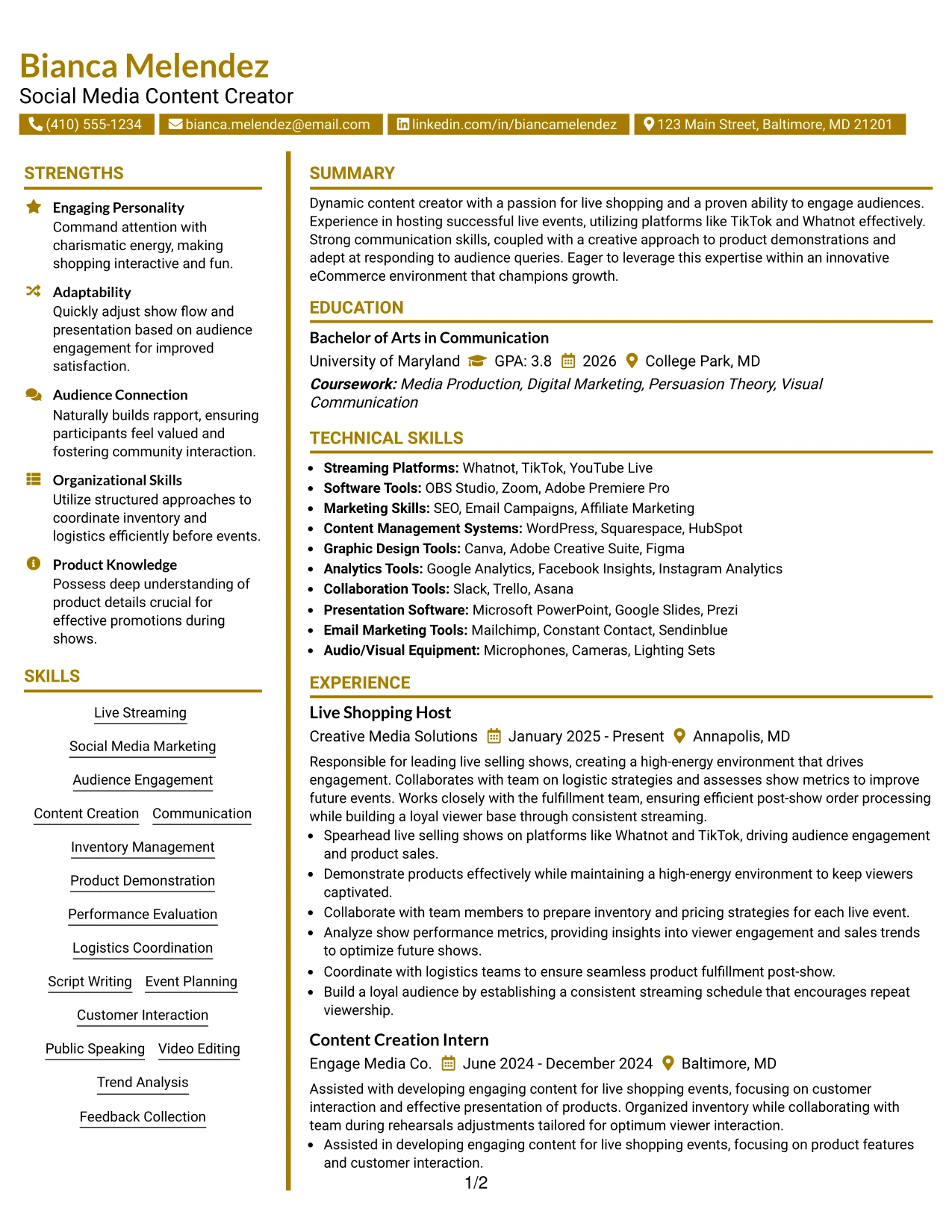 Resume Example Page 1