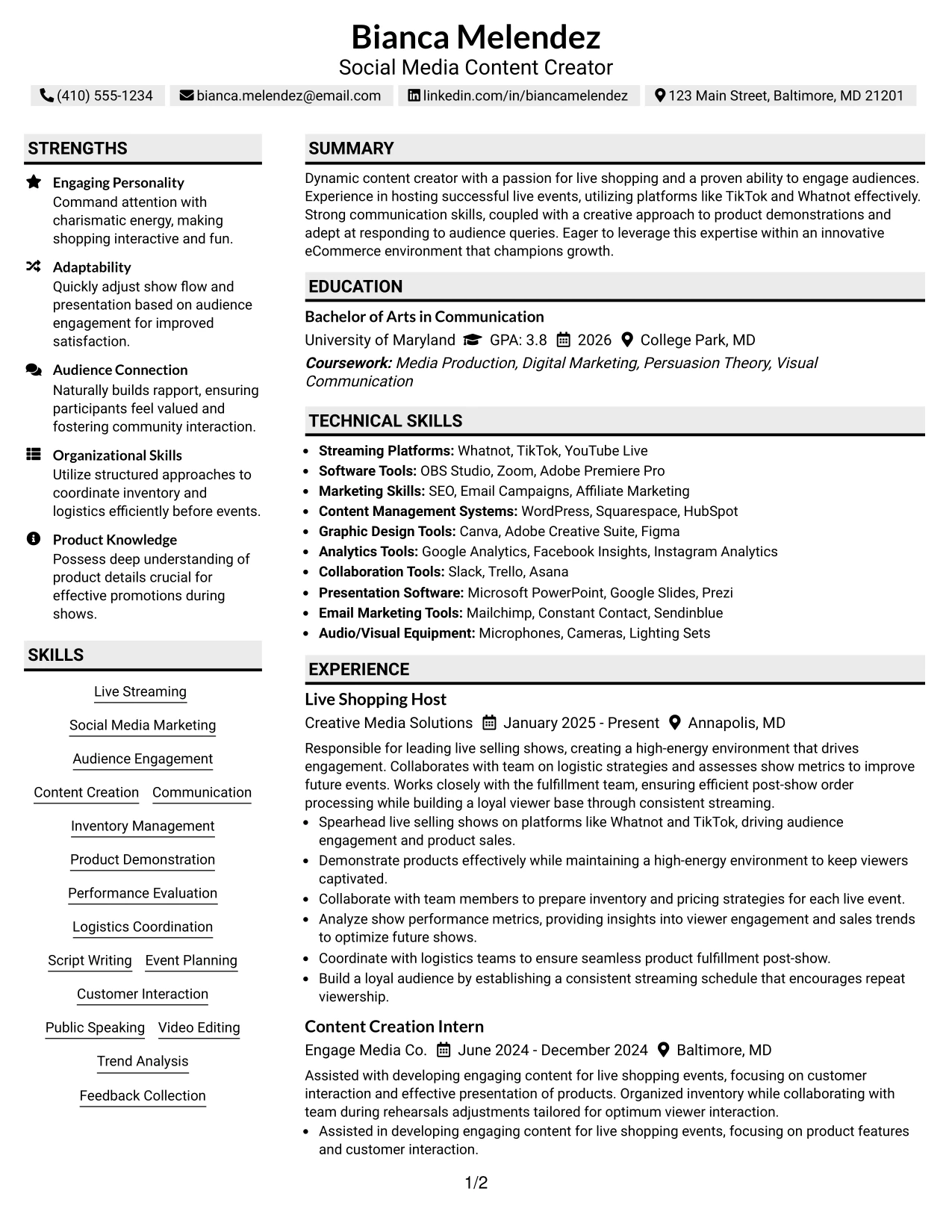 Resume Example Page 1