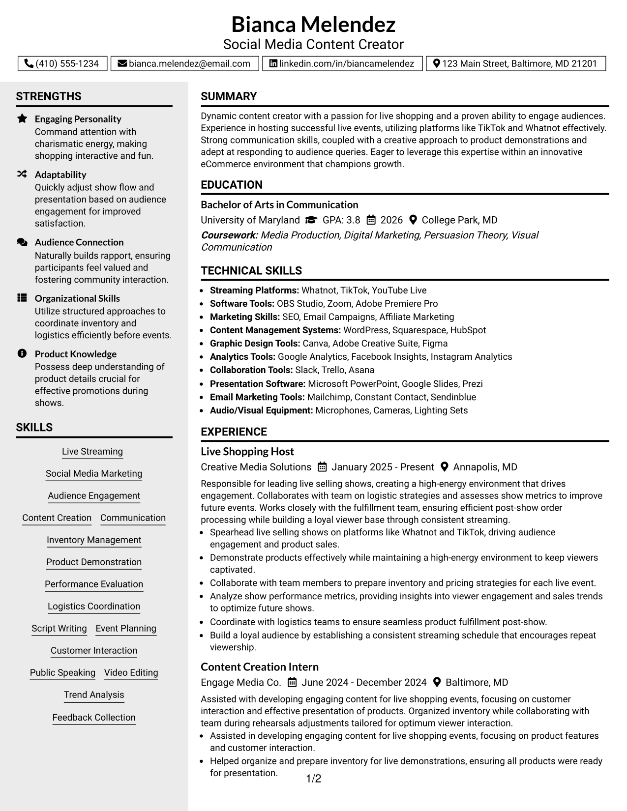 Resume Example Page 1