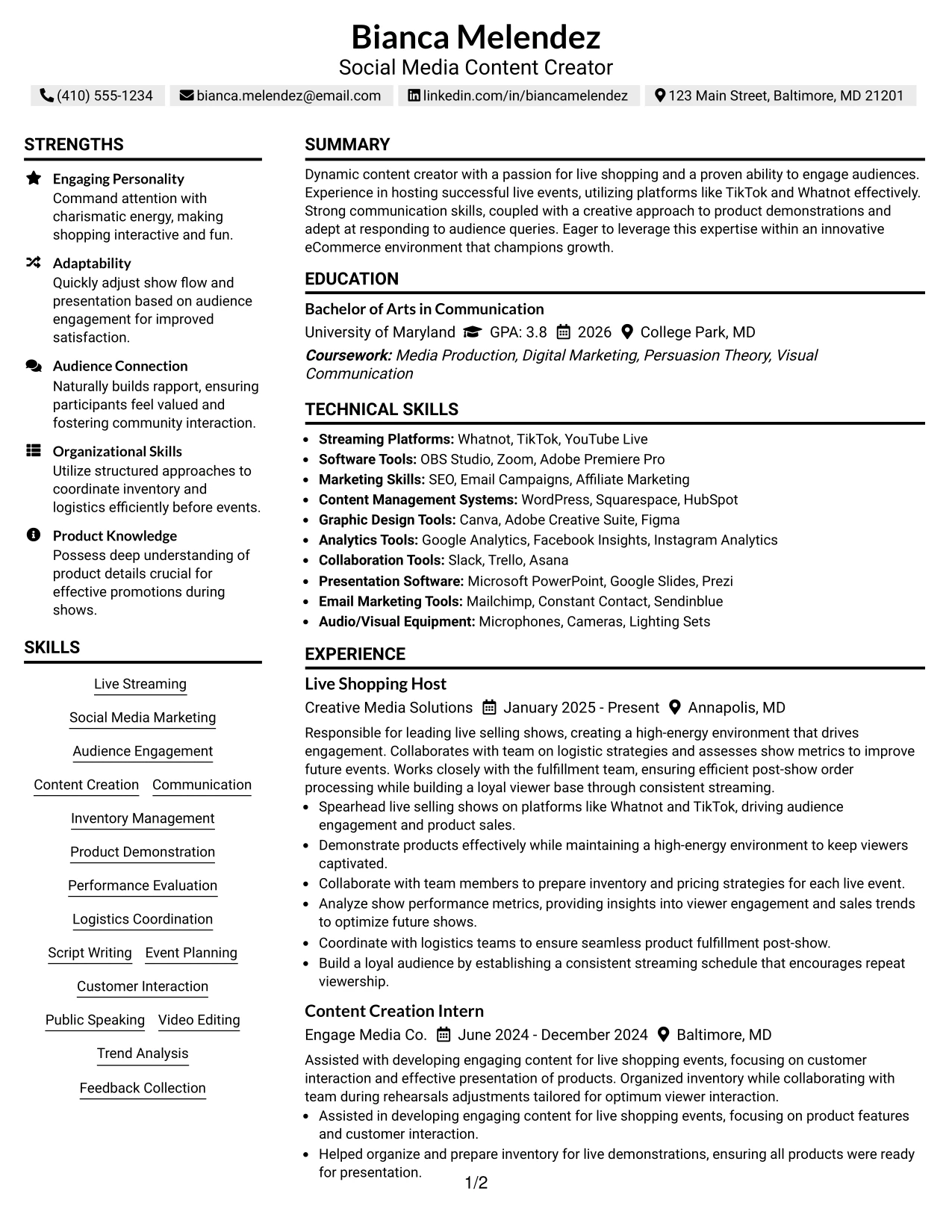 Resume Example Page 1