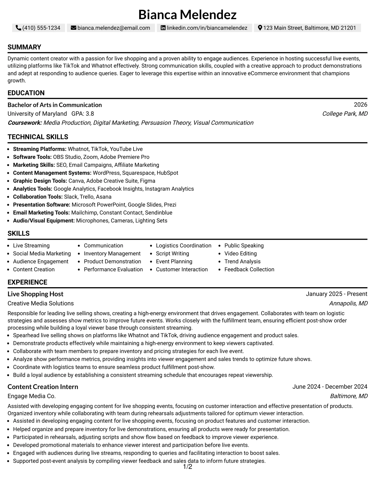Resume Example Page 1