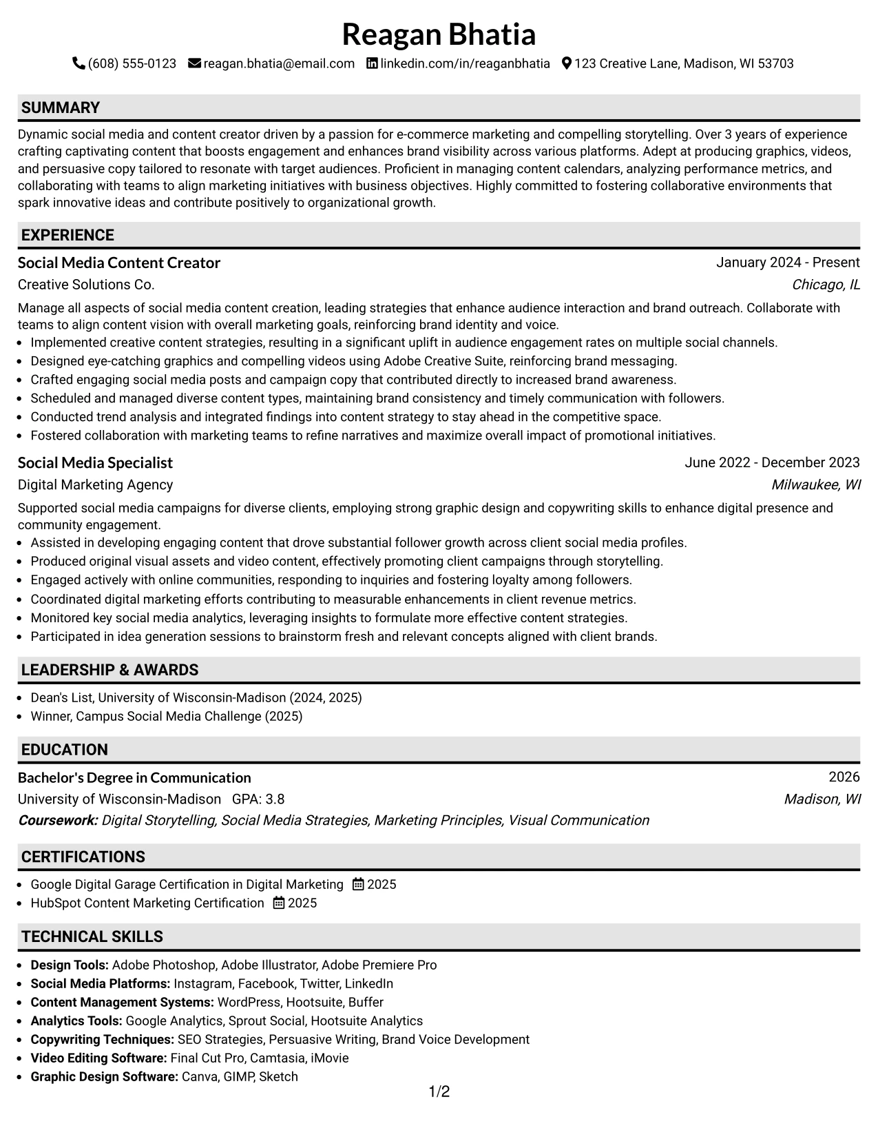 Resume Example Page 1