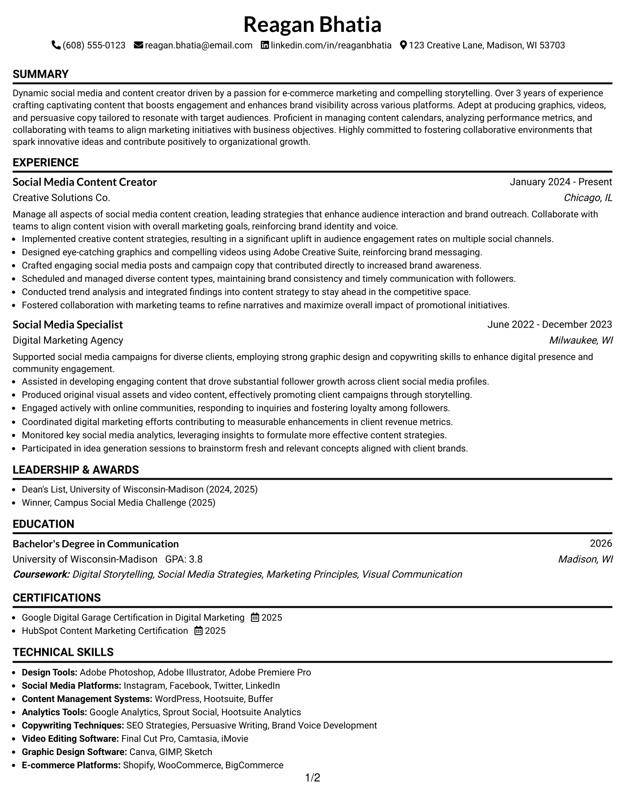 Resume Example Page 1