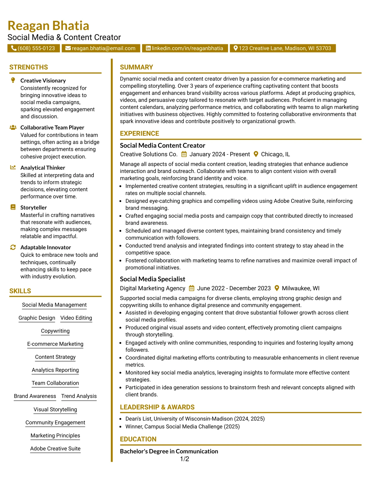 Resume Example Page 1