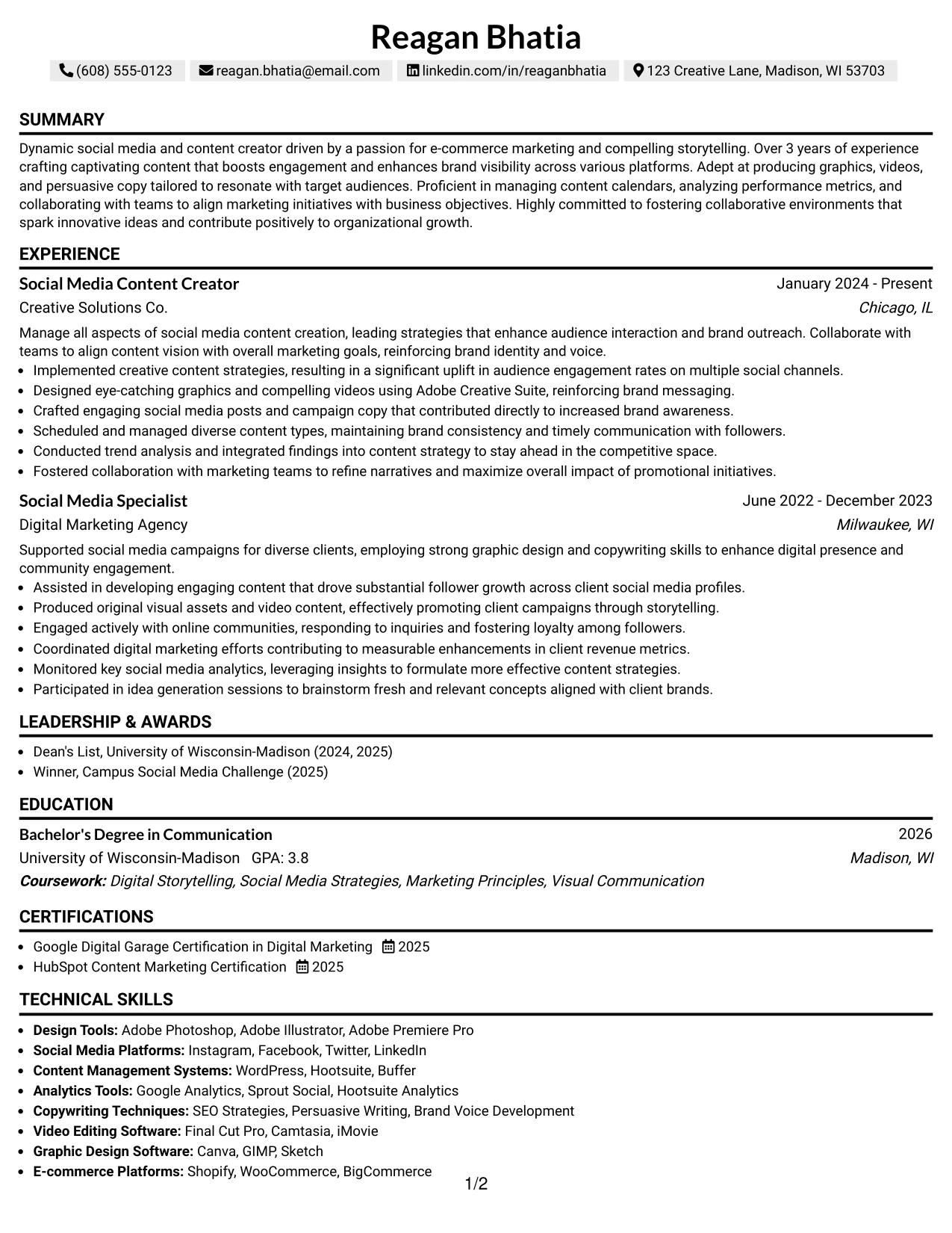 Resume Example Page 1