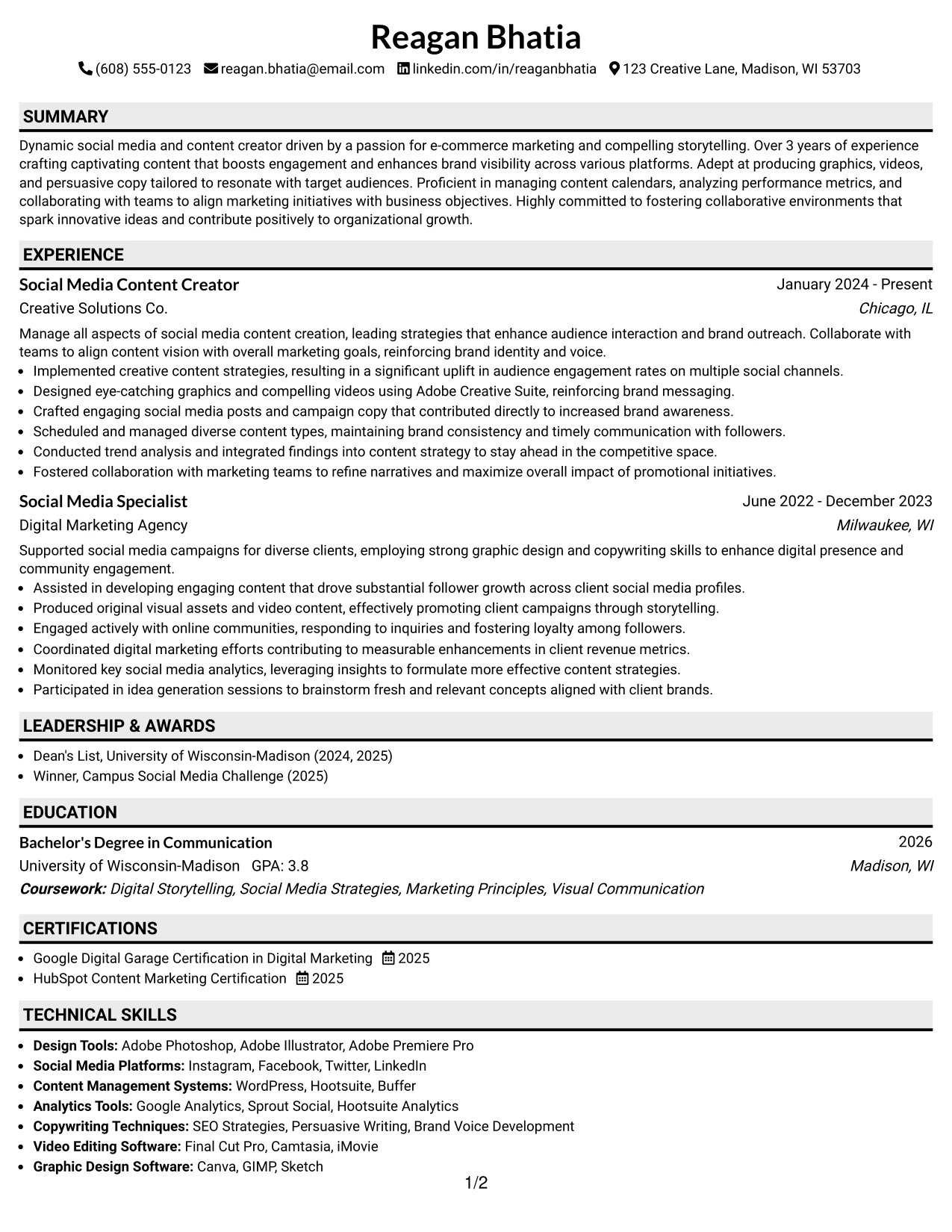 Resume Example Page 1